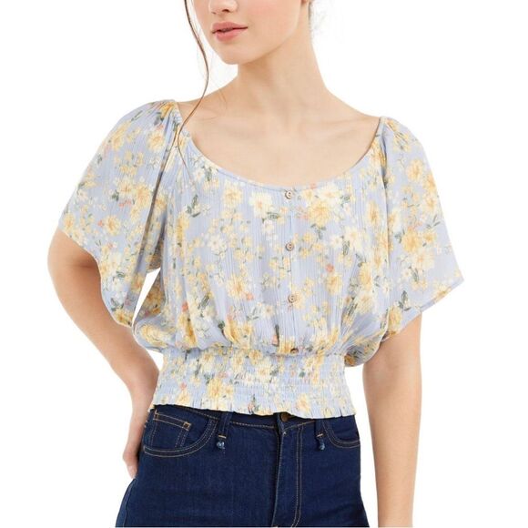 Hippie Rose Floral Crop Top Boho Size Large NWT crinkle buttons blue yellow - Picture 1 of 5